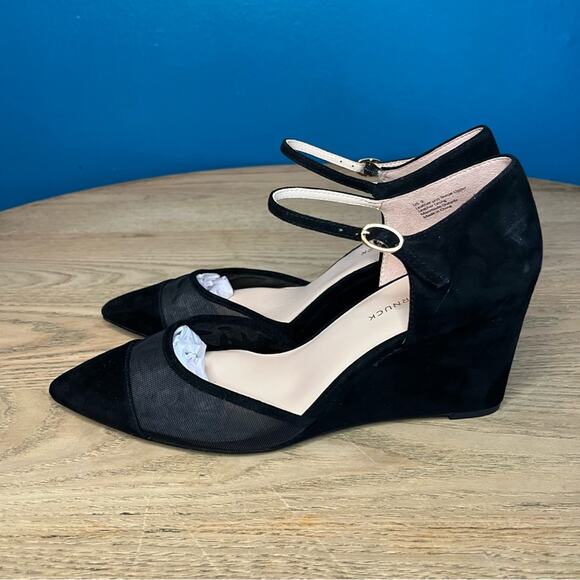 New! Tuckernuck Black Mesh Darcy Wedges Suede Leather Heels Women’s Size 9 - Picture 4 of 10